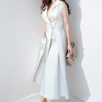 Robe midi femme – Sans manches – Col tailleur – Tissu fluide respirant – Coupe évasée