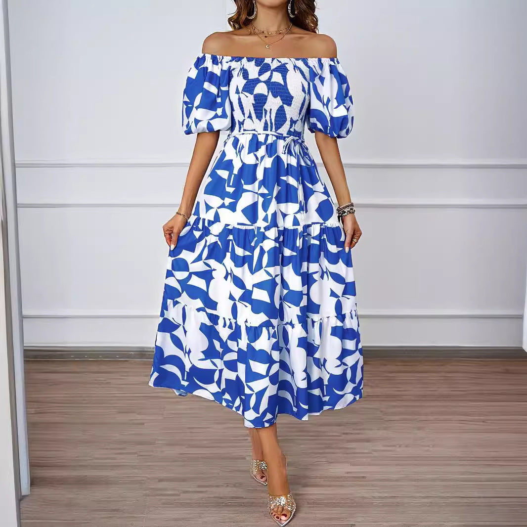 Robe midi femme – Épaules dénudées – Manches bouffantes – Coupe évasée fluide