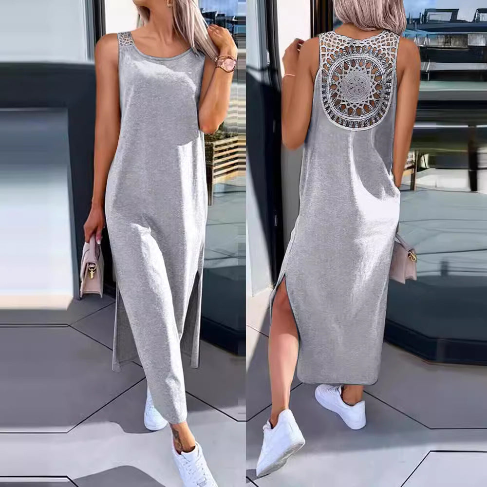 Robe longue femme – Coupe décontractée – Bretelles larges – Dos en dentelle élégant
