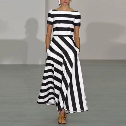 Robe longue femme – Coupe évasée – Rayures graphiques