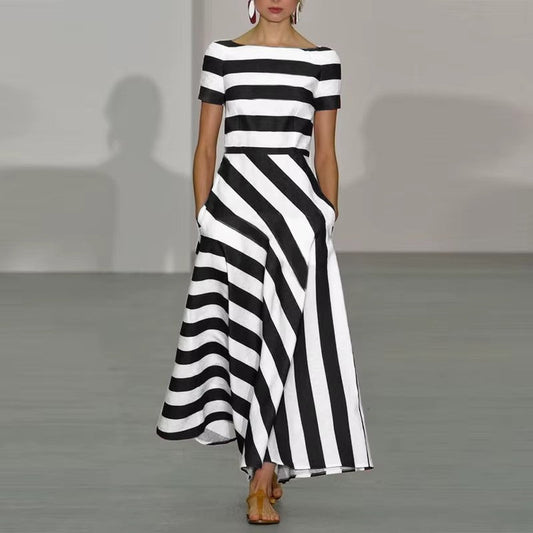 Robe longue femme – Coupe évasée – Rayures graphiques