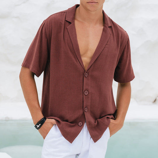 Chemise décontractée homme – Coupe ample – Col tailleur – Tissu respirant – Manches courtes
