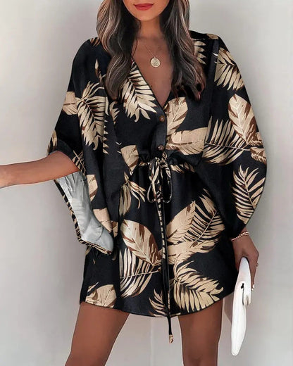 Robe femme décontractée – Coupe fluide – Mini longueur – Manches volantées – Taille à nouer
