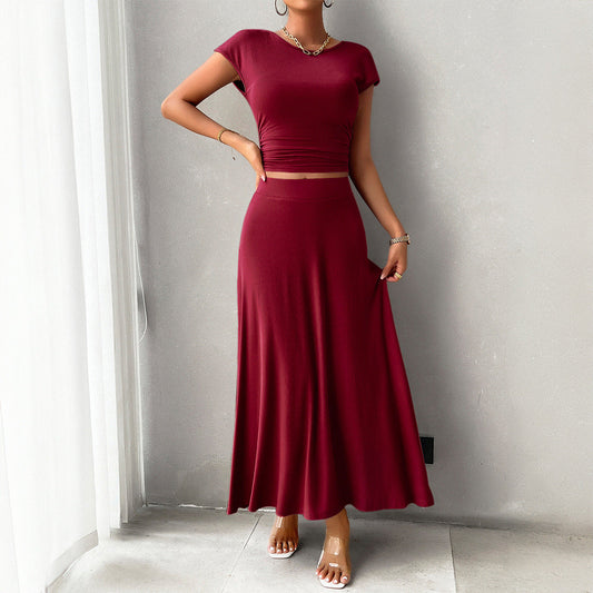 Ensemble Robe Femme – Haut Court Ajusté Froncé – Jupe Longue Fluide Taille Haute