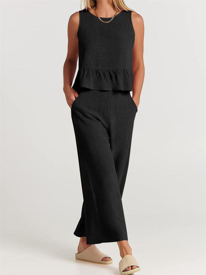 Ensemble 2 pièces pour femmes - Top court sans manches - Pantalon large à taille élastique - Coupe décontractée