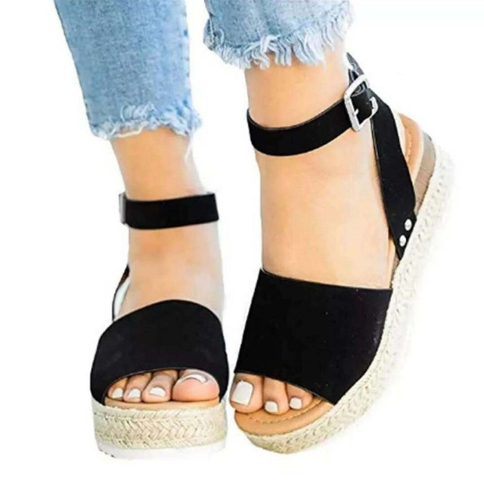 Sandales compensées femme – Semelle plateforme – Bout ouvert – Bride cheville réglable