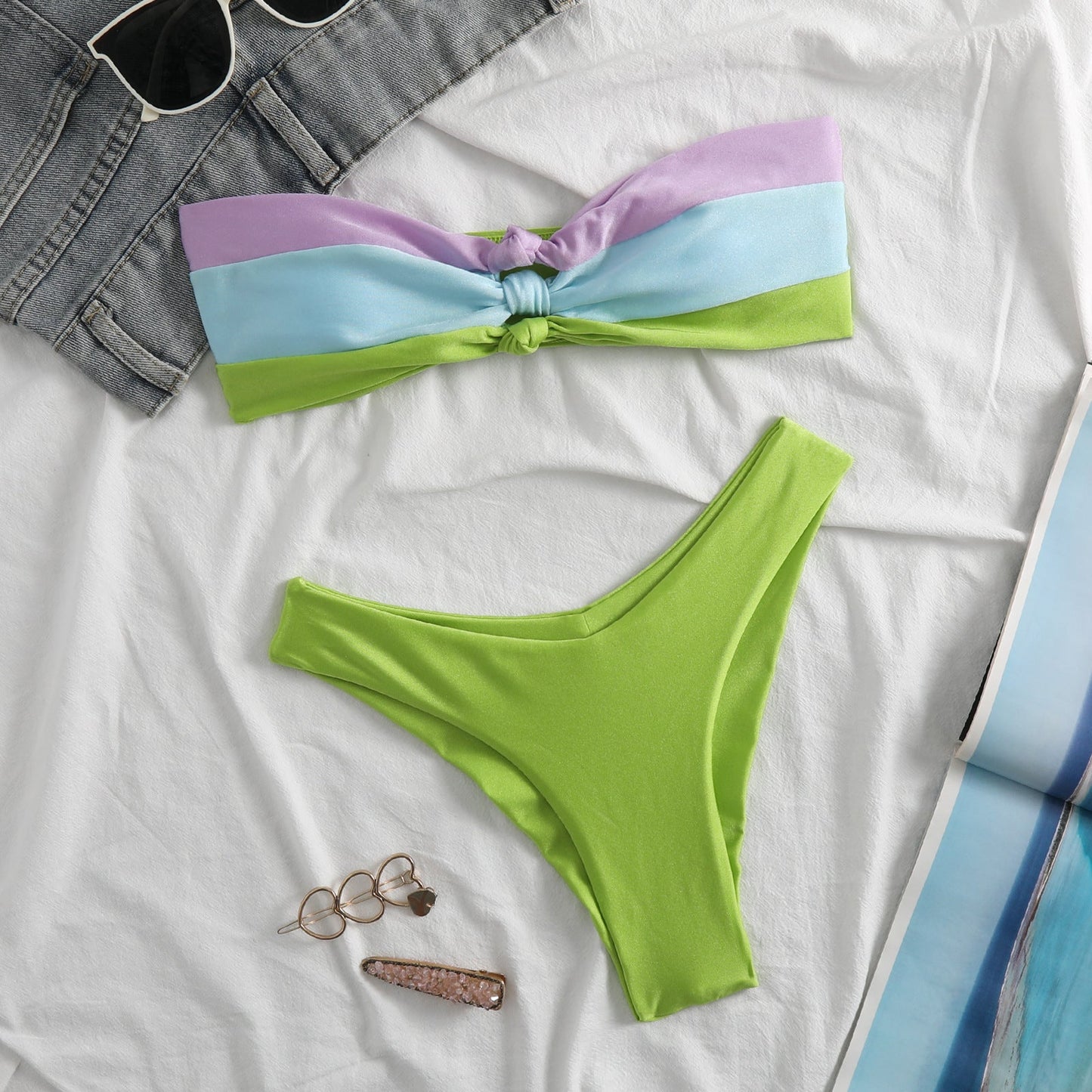 Bikini bandeau femme – Nœud devant – Coupe échancrée – Tissu stretch séchage rapide