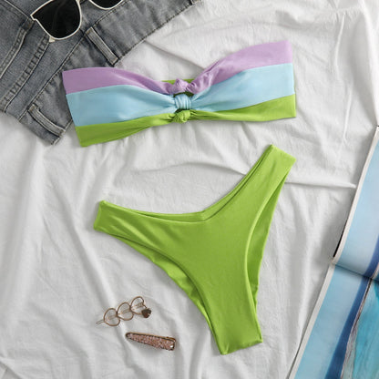 Bikini bandeau femme – Nœud devant – Coupe échancrée – Tissu stretch séchage rapide