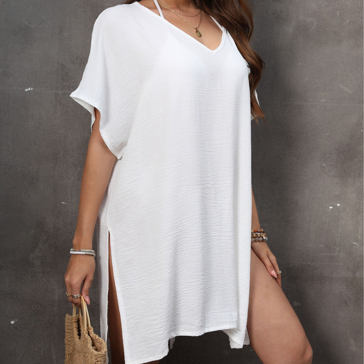 Tunique de plage femme – Lin – Coupe ample – Manches courtes – Col V