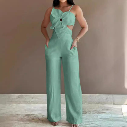 Combinaison pantalon femme – Dos nu – Tissu respirant – Jambes larges – Nœud devant