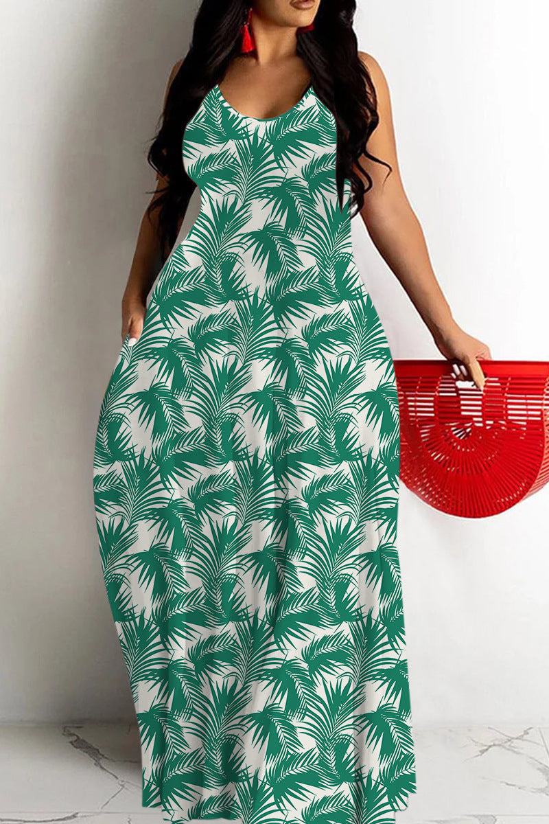 Robe longue femme – Décolleté en V – Bretelles fines – Coupe fluide – Imprimé abstrait