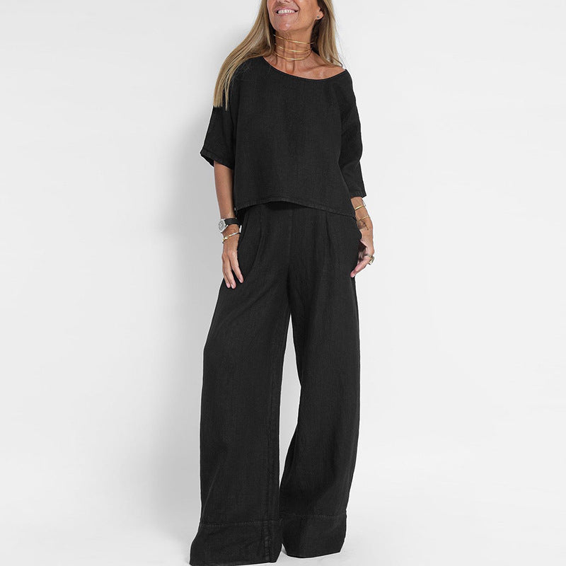 Ensemble femme deux pièces – Lin mélangé – Coupe ample – T-shirt manches courtes & pantalon large