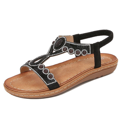 Sandales femme – Semelle plate – Bride élastique – Détail perles bohème confort