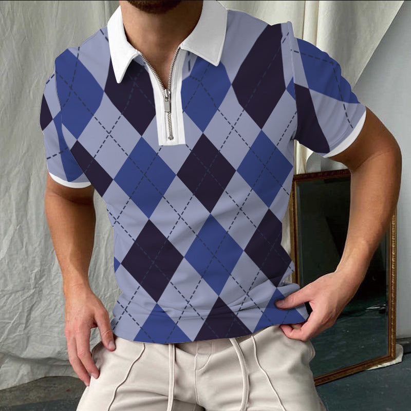 Polo for men – Slim fit – Checked pattern – Zip collar short sleeves