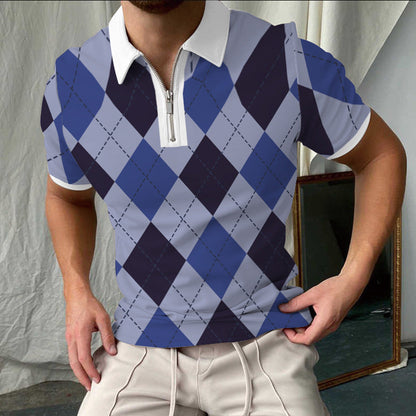 Polo for men – Slim fit – Checked pattern – Zip collar short sleeves