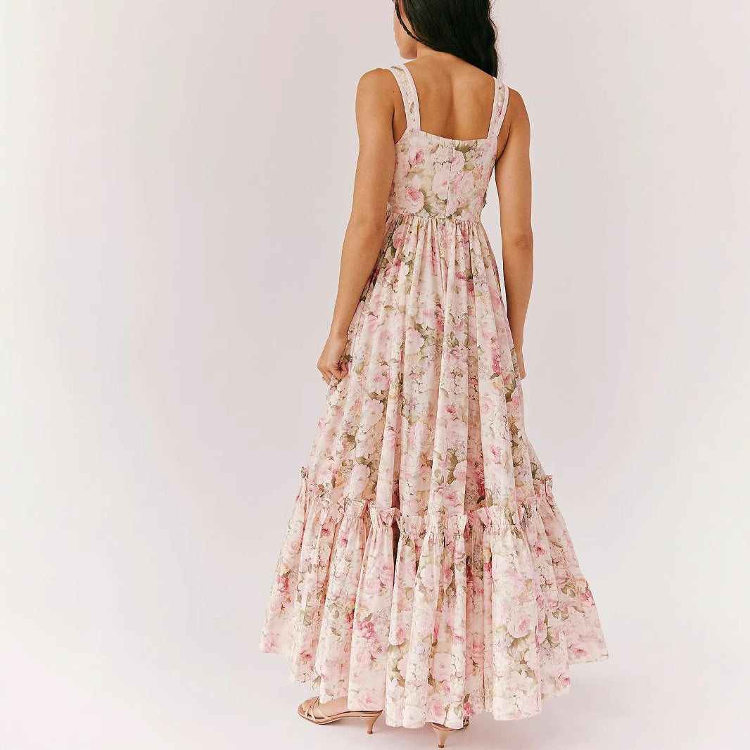 Robe longue femme – Style bohème fluide – Bretelles fines – Imprimé fleuri plissé
