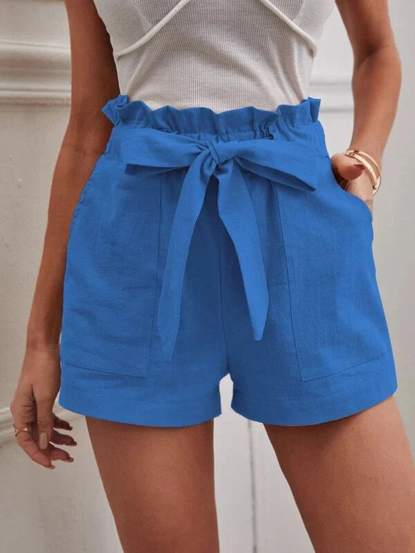 Short Femme – Taille Haute – Lin – Coupe Ample – Ceinture – Poches Avant