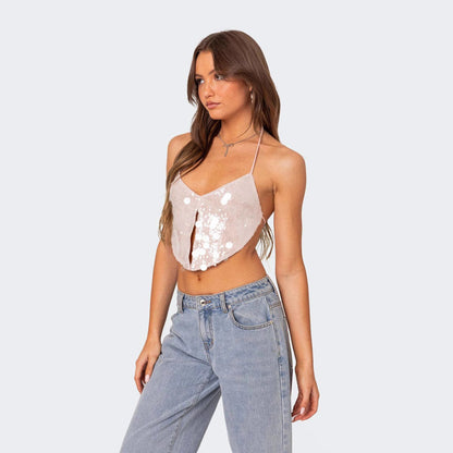 Top court femme – Dos nu à sequins – Décolleté plongeant – Coupe ajustée soirée