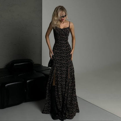 Robe longue femme – Coupe ajustée – Bretelles fines – Fente haute – Imprimé fleuri