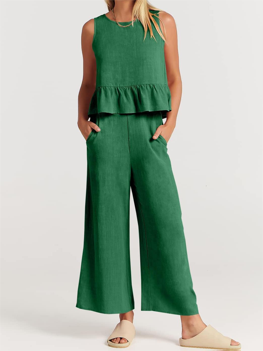 Ensemble 2 pièces pour femmes - Top court sans manches - Pantalon large à taille élastique - Coupe décontractée