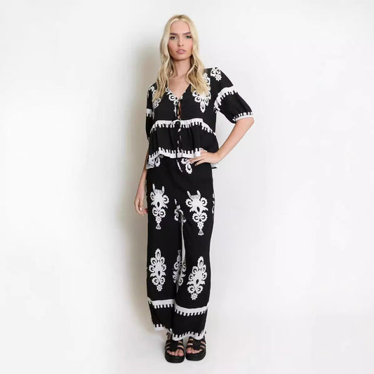 Ensemble Femme Deux Pièces – Haut Nœud Court – Pantalon Large