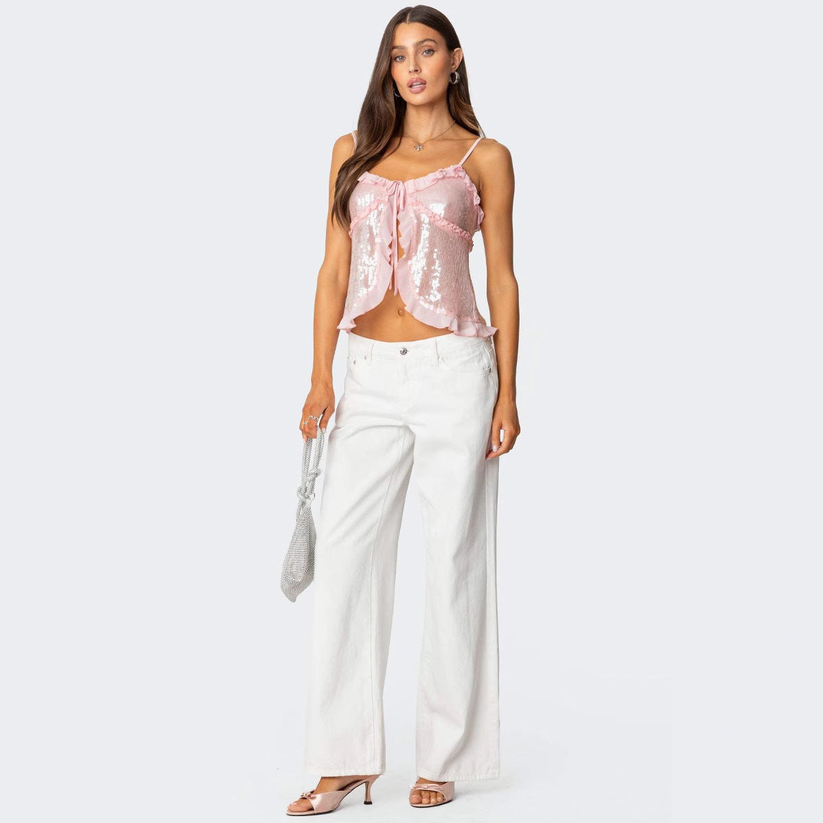 Top court femme – Coupe ajustée – Bretelles fines – Sequins – Volants – Nœud devant