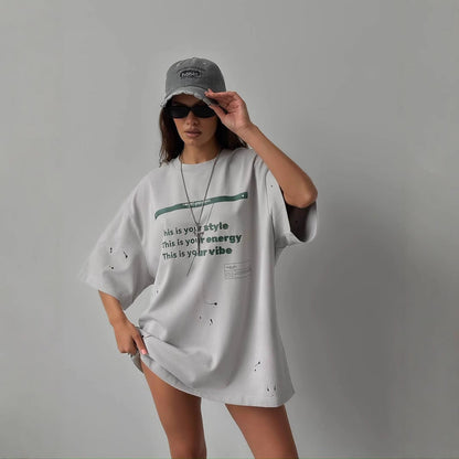 T-shirt oversize femme – Coupe ample – Motif vintage usé – Toucher doux respirant