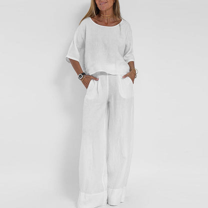 Ensemble femme deux pièces – Lin mélangé – Coupe ample – T-shirt manches courtes & pantalon large