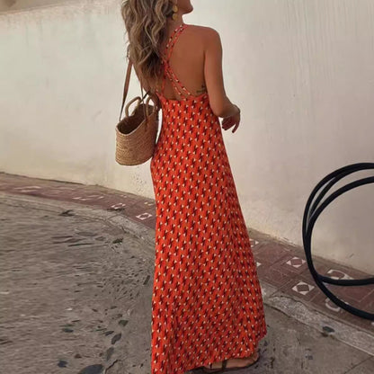 Women's long dress – Slim fit – Halter neck – Front cut-out – Printed