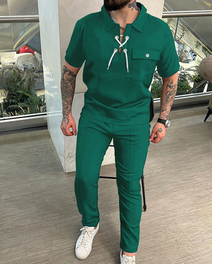 Men's two-piece set – Top with lace-up collar – Matching pants – Slim fit – Breathable fabric