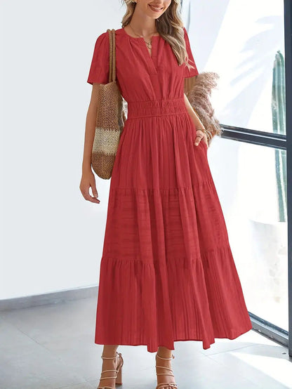 Robe longue femme – Col en V – Manches bouffantes – Taille froncée – Coupe évasée