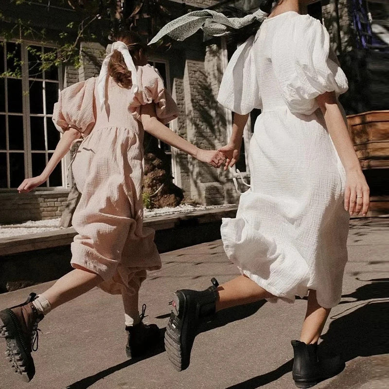 Robe femme longue – Décolleté en V – Manches bouffantes – Texturé doux – Coupe fluide