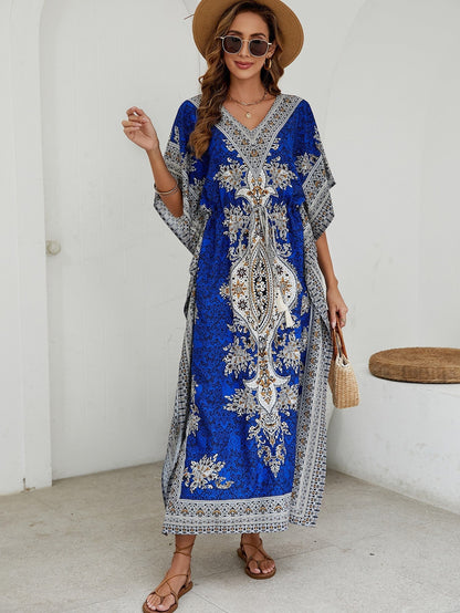 Robe longue femme – Tissu respirant – Coupe fluide – Manches courtes larges – Col en V