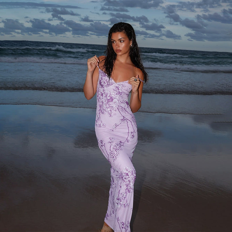 Robe longue femme – Coupe ajustée – Bretelles fines – Col en V – Imprimé fleuri