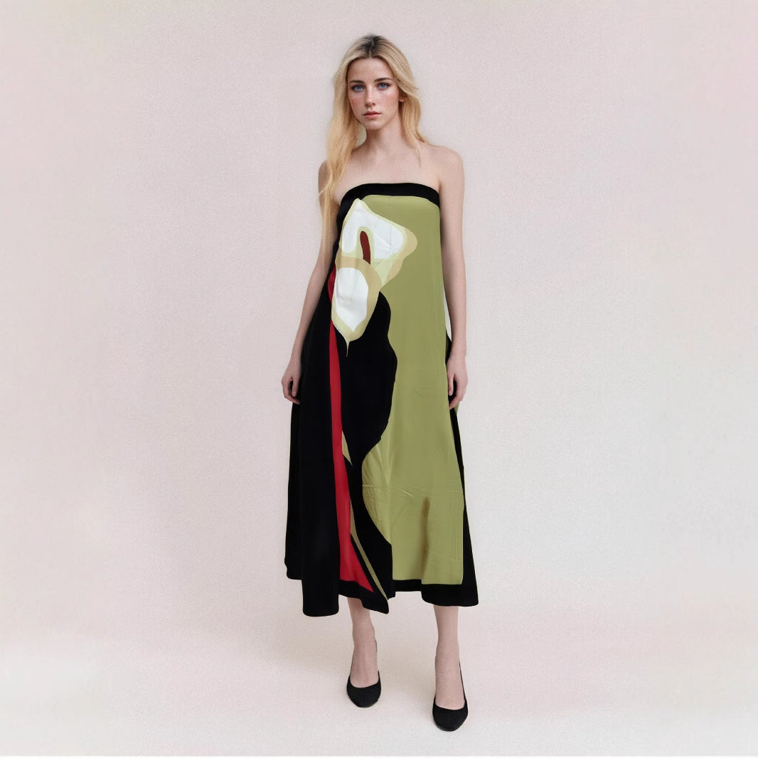 Women's midi dress – Strapless – Abstract print – Elegant fluid cut