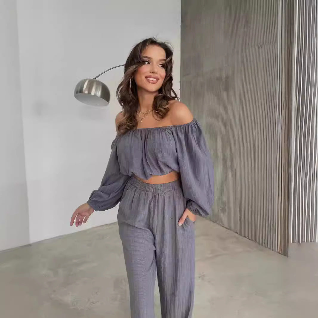 Women's Two-Piece Set – Off-Shoulder Top – High-Waist Wide-Leg Pants