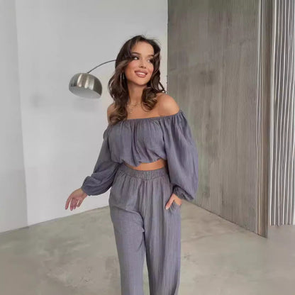Women's Two-Piece Set – Off-Shoulder Top – High-Waist Wide-Leg Pants