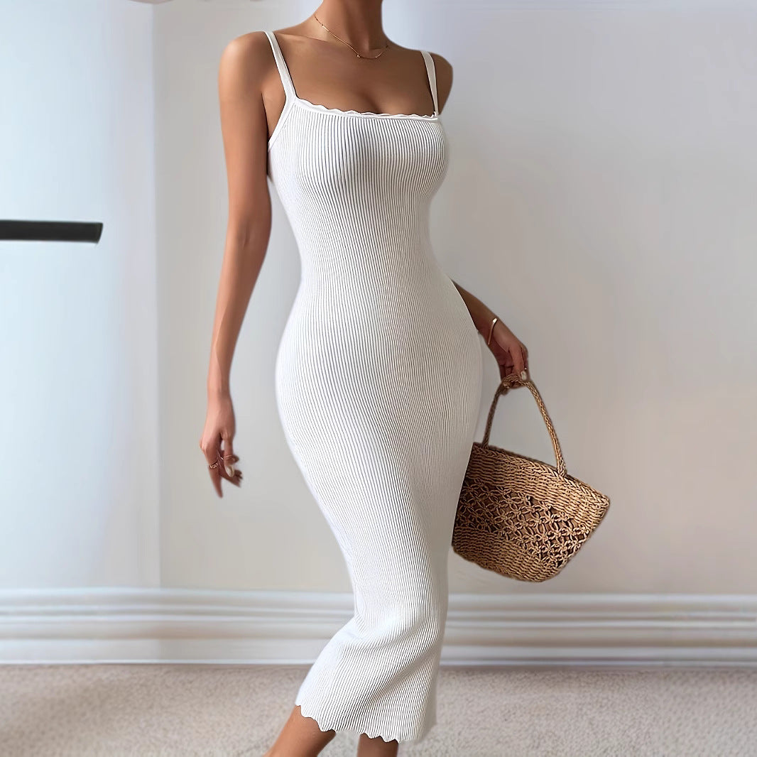 Women's bodycon dress – Ribbed knit – Scalloped neckline – Thin straps – Midi length