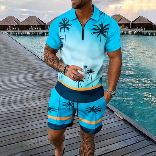 Ensemble Deux Pièces Homme – Coupe Slim – Col Zippé – Motif Tropical