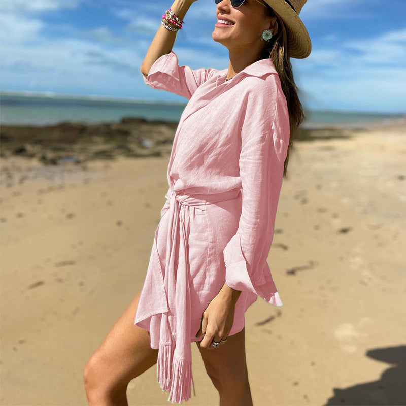 Women's wrap dress – Cotton linen – Long sleeves – V-neck – Fitted cut