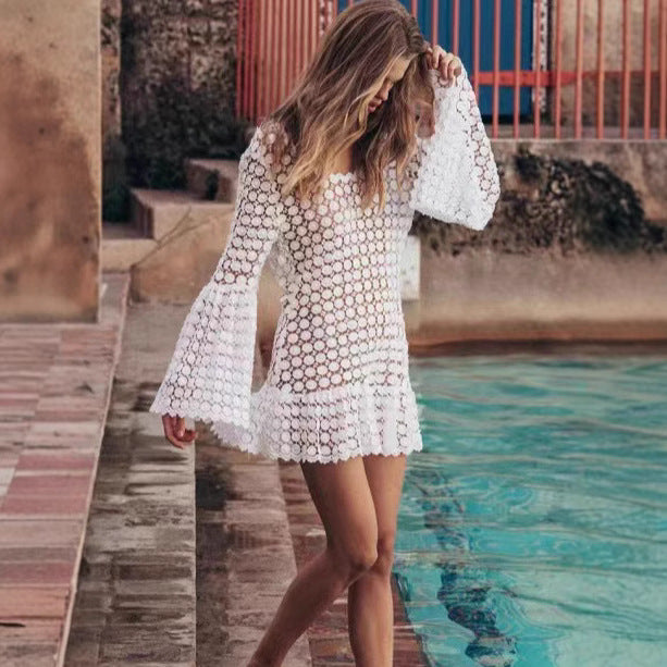 Robe de Plage Femme – Crochet Léger – Coupe Flottante – Manches Évasées – Mini