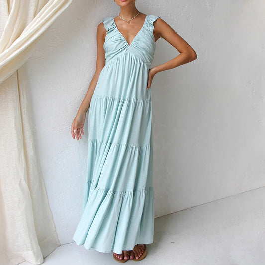 Robe longue femme – Coupe fluide – Bretelles à volants – Tissu respirant – Volants superposés