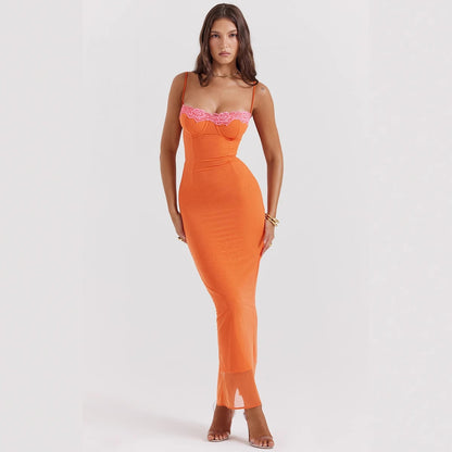 Robe longue femme – Coupe slim – Tissu respirant – Fines bretelles – Finition dentelle