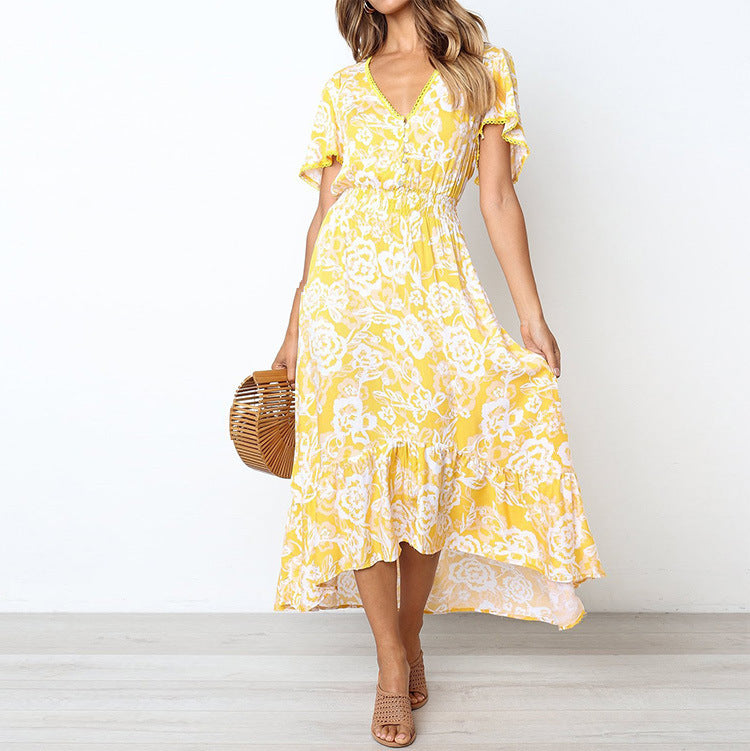 Robe longue femme – Tissu respirant – Coupe évasée – Imprimé fleuri – Col en V