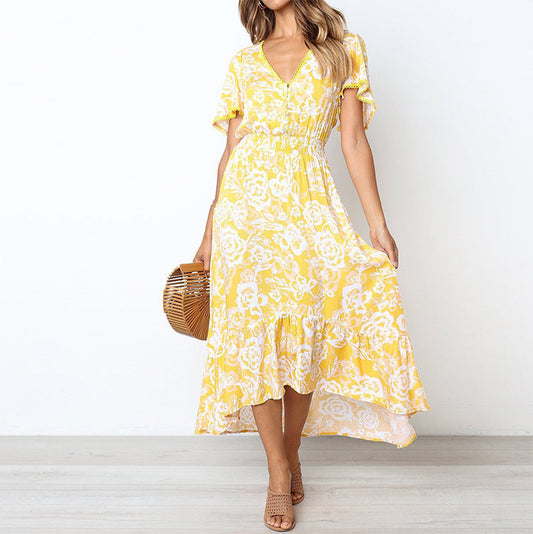 Robe longue femme – Tissu respirant – Coupe évasée – Imprimé fleuri – Col en V