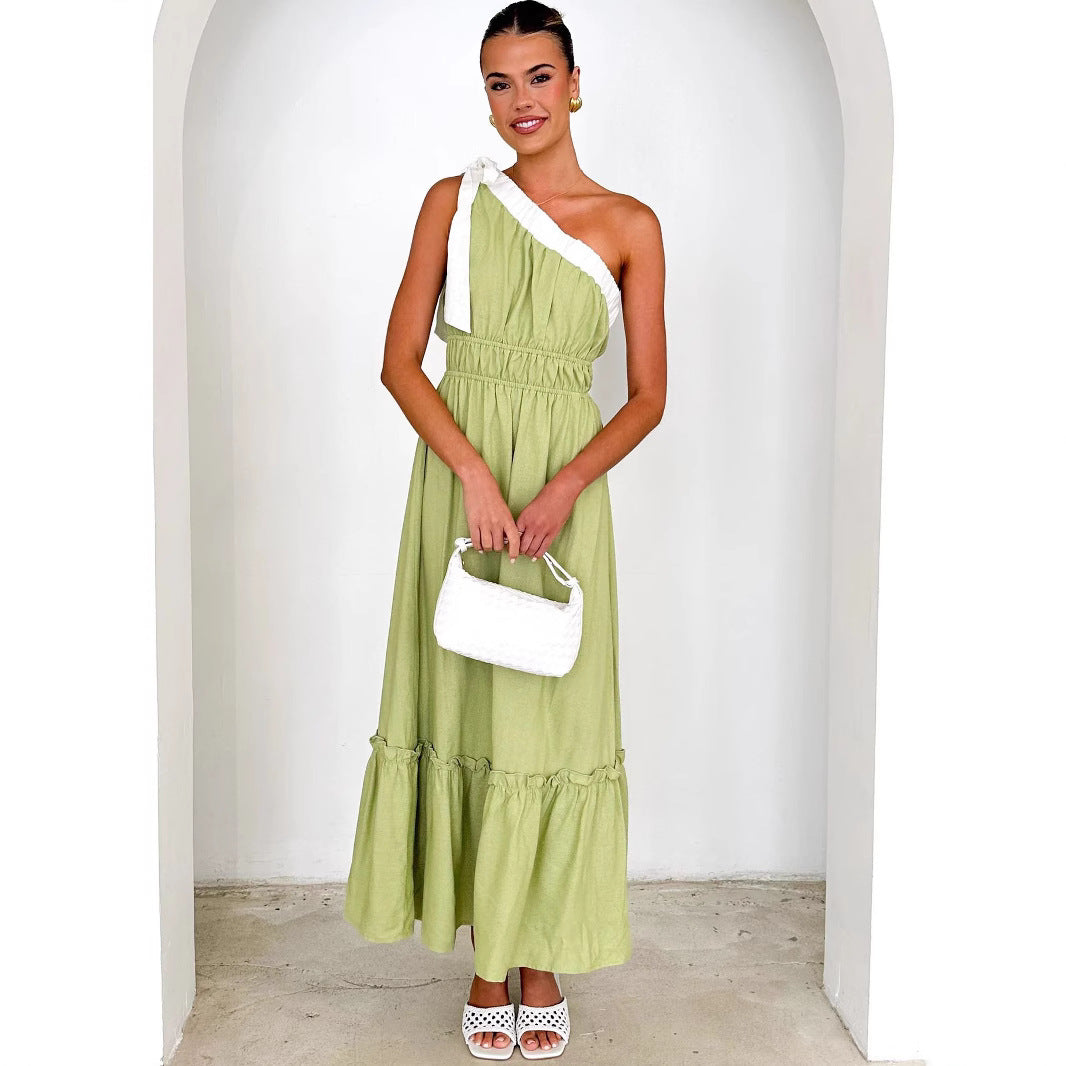 Robe femme – Une épaule – Coupe évasée – Coton doux – Jupe à volants – Longueur midi
