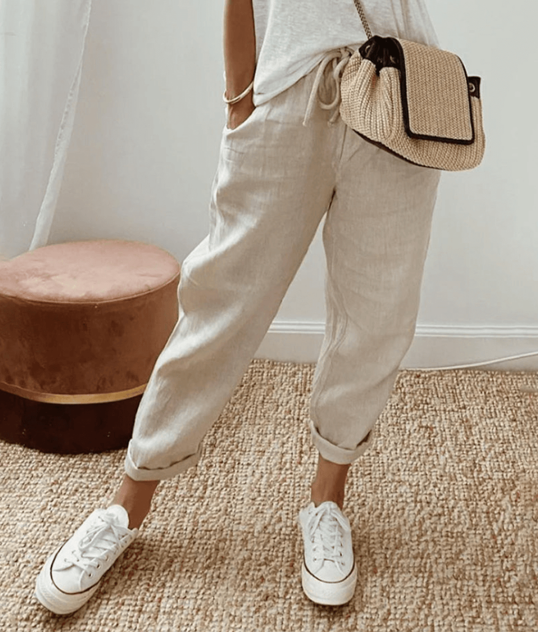 Pantalon femme – Coupe décontractée – Fibres naturelles – Taille cordon – Imprimé abstrait