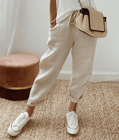 Pantalon femme – Coupe décontractée – Fibres naturelles – Taille cordon – Imprimé abstrait