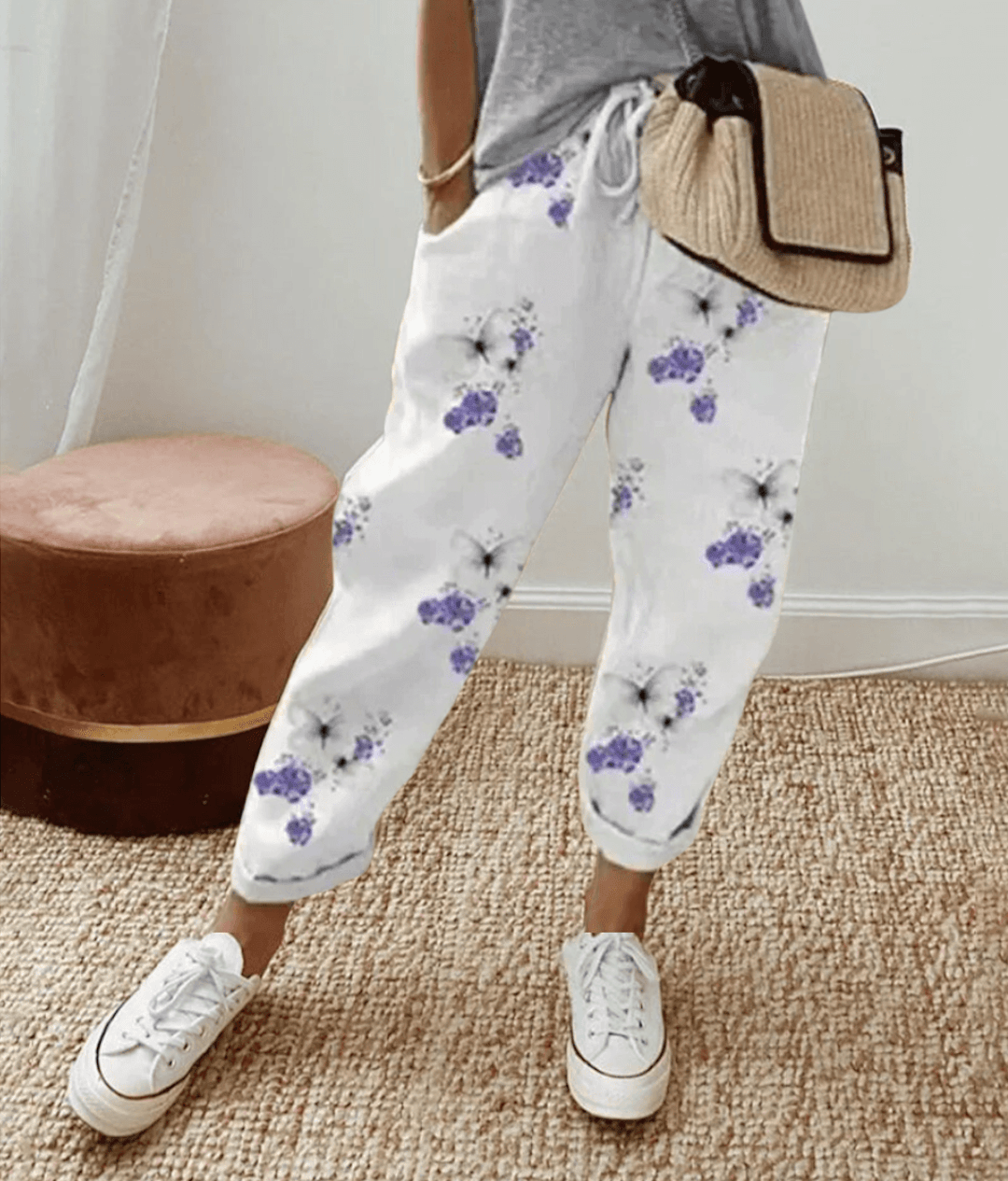 Pantalon femme – Coupe décontractée – Fibres naturelles – Taille cordon – Imprimé abstrait