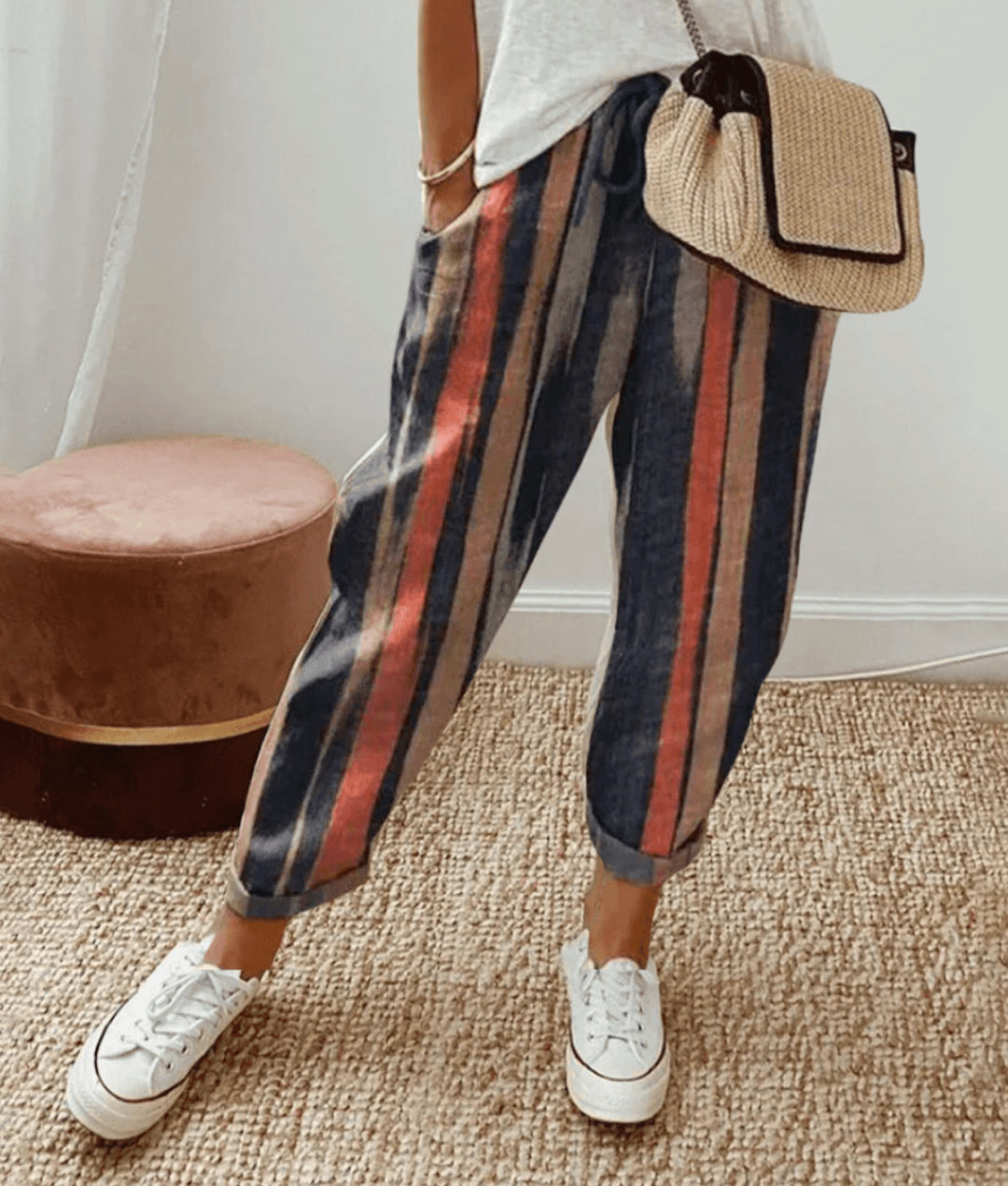 Pantalon femme – Coupe décontractée – Fibres naturelles – Taille cordon – Imprimé abstrait